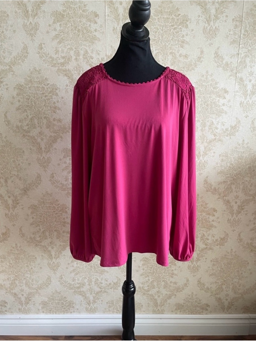 Karl Lagerfeld Fuchsia Long-Sleeve Top with Lace Shoulders